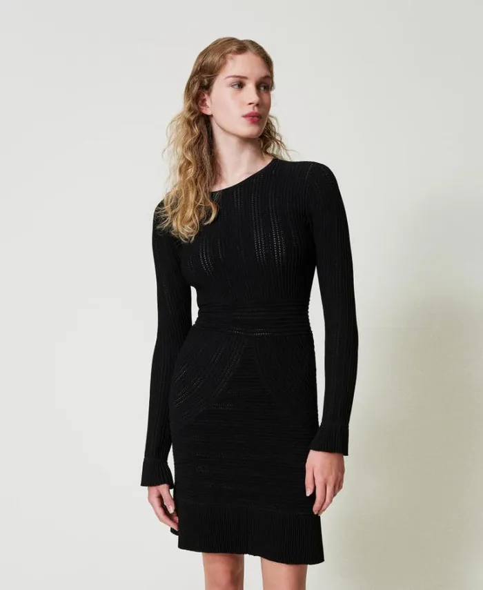 Twinset Short Dresses Short Knit Dress With Mixed Stitches Black 8211 Clothing