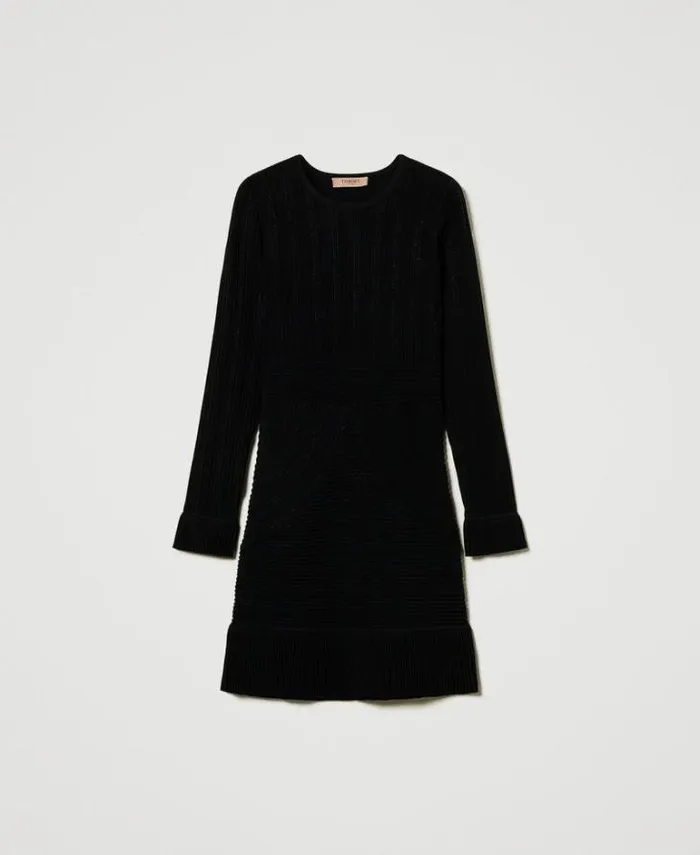 Twinset Short Dresses Short Knit Dress With Mixed Stitches Black 8211 Clothing