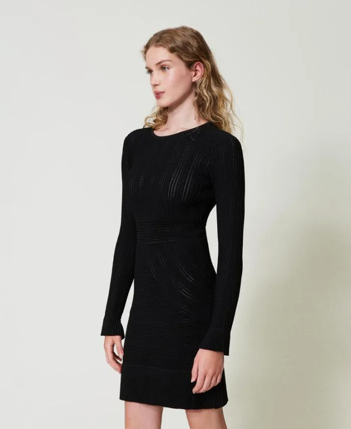 Twinset Short Dresses Short Knit Dress With Mixed Stitches Black 8211 Clothing