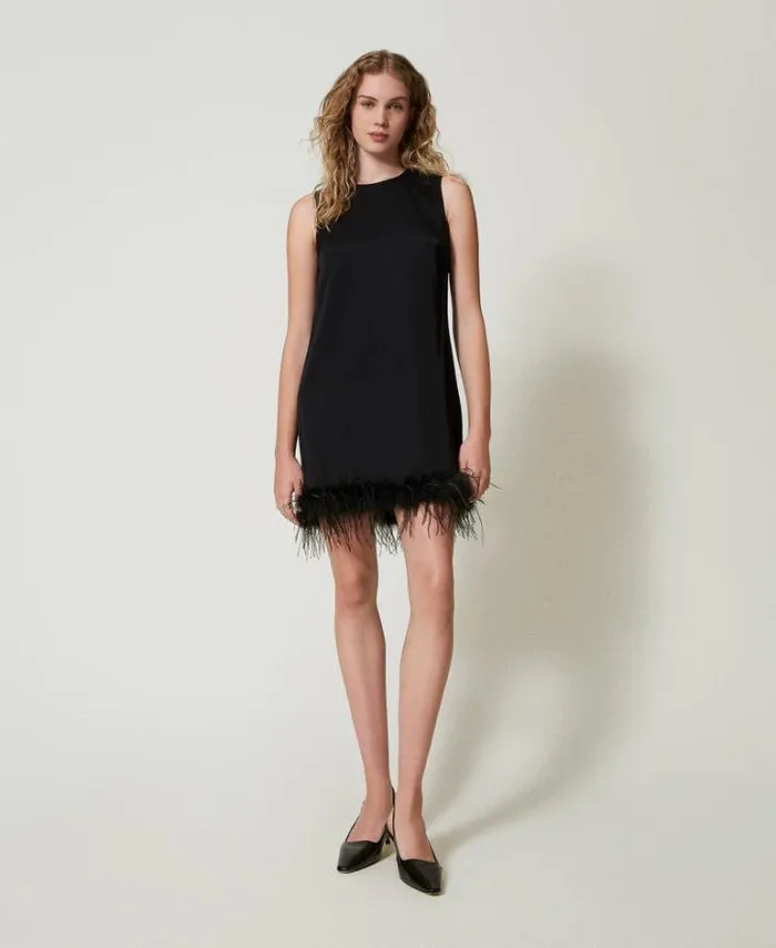 Twinset Short Dresses Short Satin Sleeveless Dress With Feathers Black 8211 Clothing