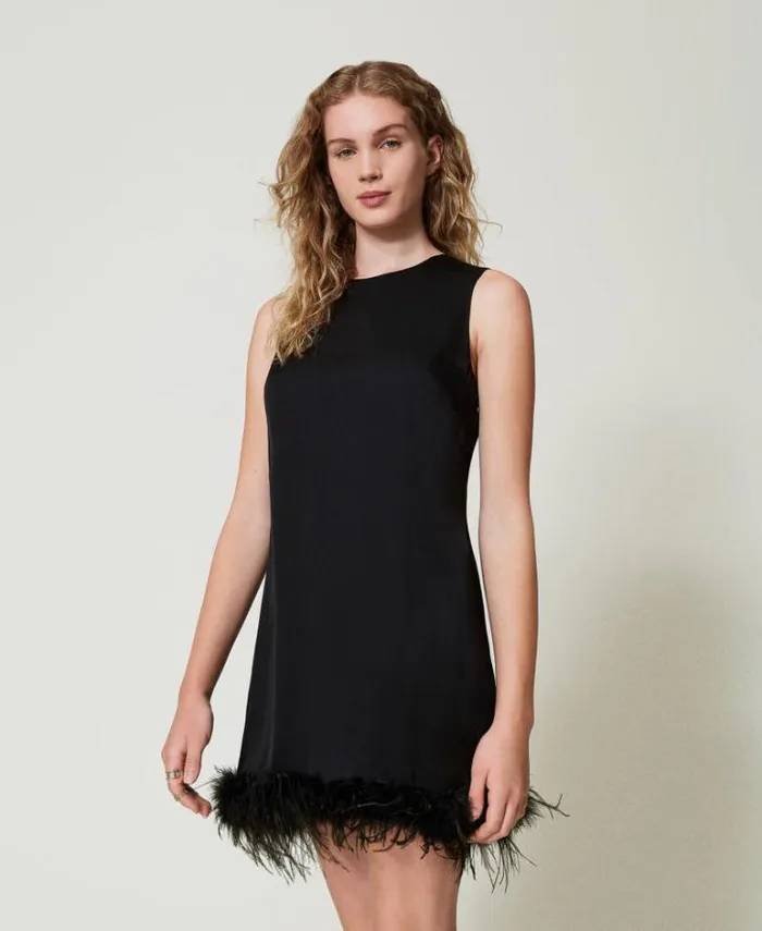 Twinset Short Dresses Short Satin Sleeveless Dress With Feathers Black 8211 Clothing
