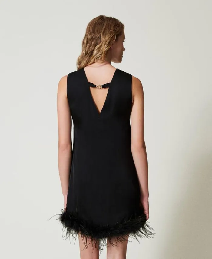 Twinset Short Dresses Short Satin Sleeveless Dress With Feathers Black 8211 Clothing