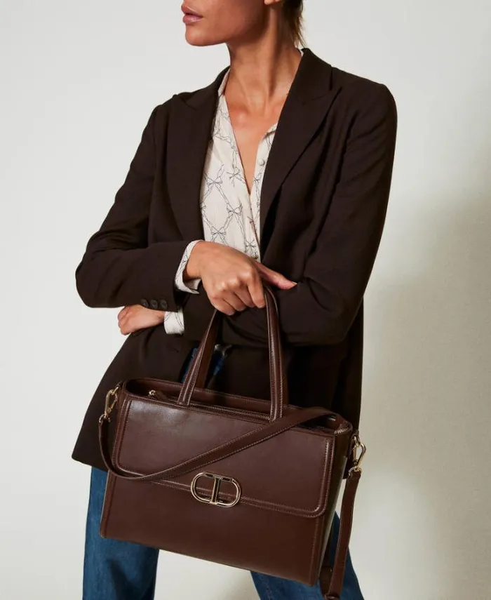 Twinset Shoulder Bags 039Brera039 Shopper Bag With Oval T Fastener Coffee Chocolate 8211 Bags