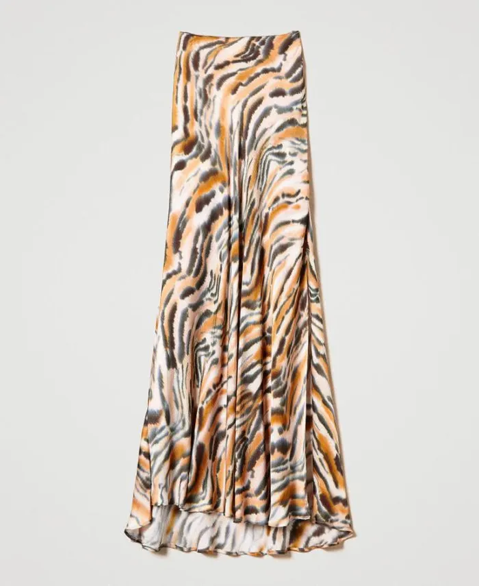 Twinset Skirts Long Animal Print Satin Skirt Tennegrave Orange Black Tiger Print 8211 Clothing