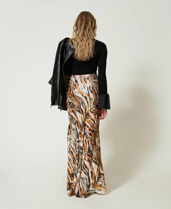 Twinset Skirts Long Animal Print Satin Skirt Tennegrave Orange Black Tiger Print 8211 Clothing