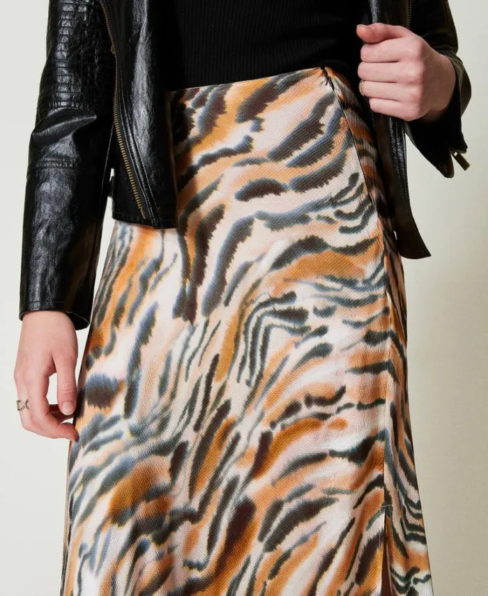 Twinset Skirts Long Animal Print Satin Skirt Tennegrave Orange Black Tiger Print 8211 Clothing