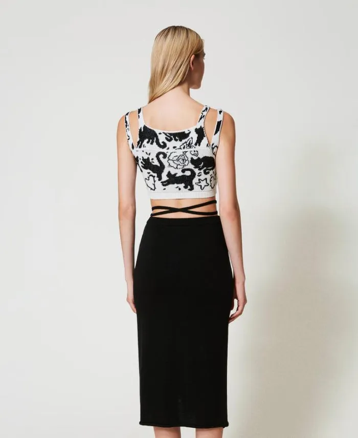 Twinset Skirts Treeblend Yarn Jacquard Midi Skirt Black Snow White Inlay 8211 Clothing