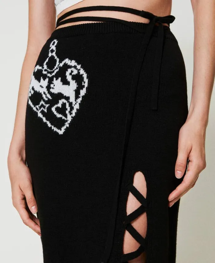 Twinset Skirts Treeblend Yarn Jacquard Midi Skirt Black Snow White Inlay 8211 Clothing