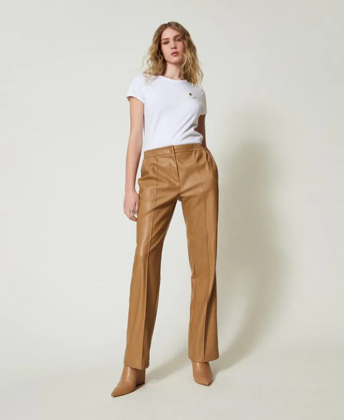 Twinset Straight Leg And Cigarette Trousers Leatherlike Trousers With Elasticated Waist Sandy Brown 8211 Clothing Twinset Straight Leg And Cigarette Trousers Leatherlike Trousers With Elasticated Waist Sandy Brown 8211 Clothing