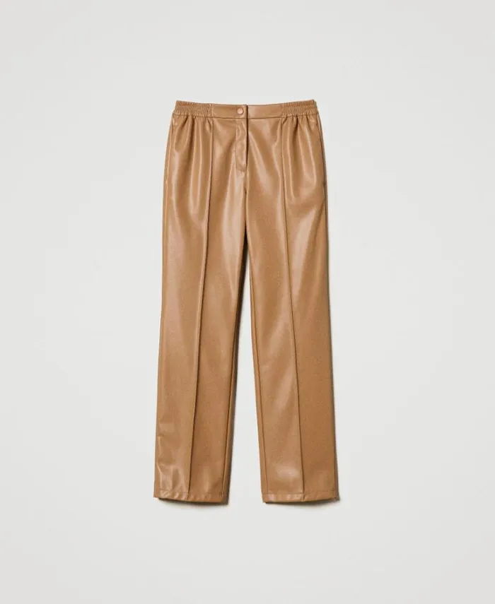 Twinset Straight Leg And Cigarette Trousers Leatherlike Trousers With Elasticated Waist Sandy Brown 8211 Clothing