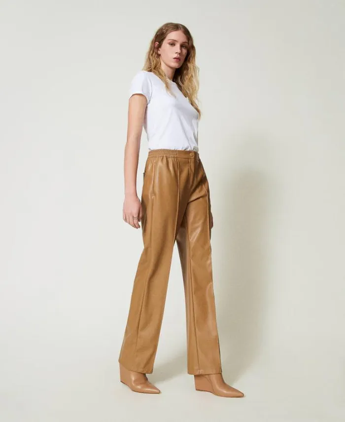 Twinset Straight Leg And Cigarette Trousers Leatherlike Trousers With Elasticated Waist Sandy Brown 8211 Clothing