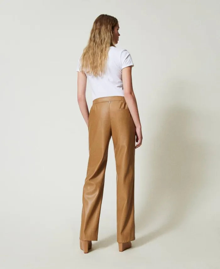 Twinset Straight Leg And Cigarette Trousers Leatherlike Trousers With Elasticated Waist Sandy Brown 8211 Clothing