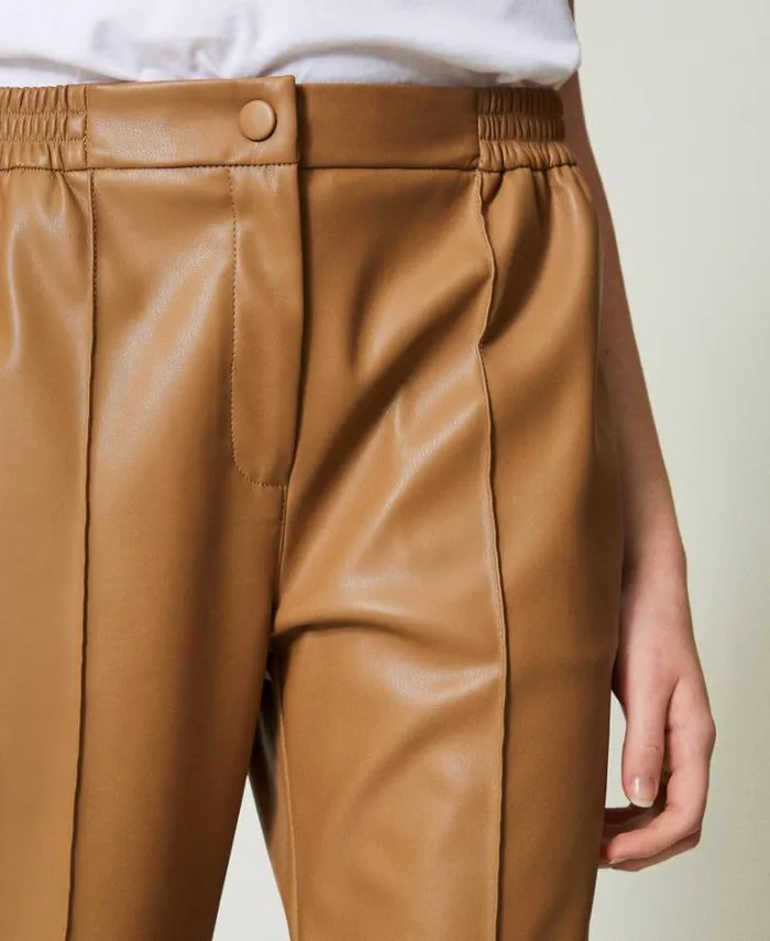 Twinset Straight Leg And Cigarette Trousers Leatherlike Trousers With Elasticated Waist Sandy Brown 8211 Clothing