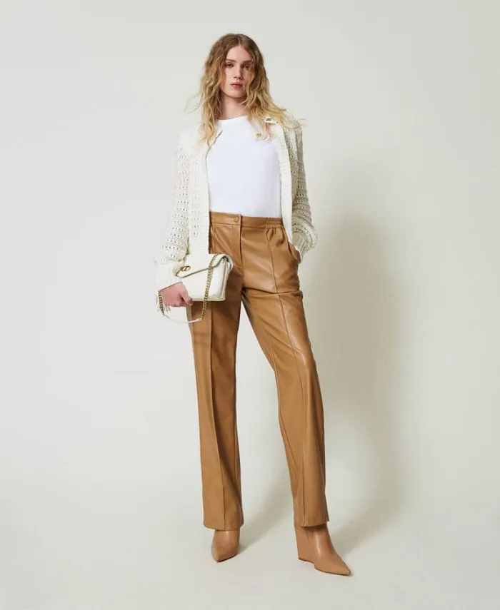 Twinset Straight Leg And Cigarette Trousers Leatherlike Trousers With Elasticated Waist Sandy Brown 8211 Clothing