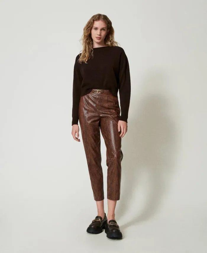 Twinset Straight Leg And Cigarette Trousers Lizard Leather Effect Cigarette Trousers Coffee Black Lizard Print 8211 Clothing
