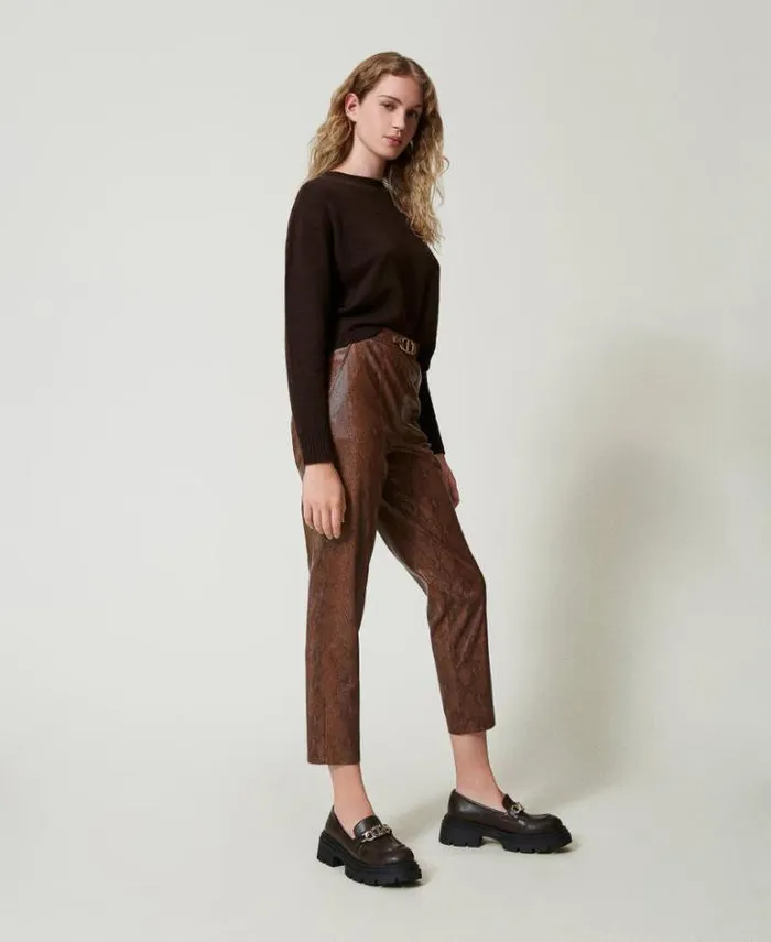 Twinset Straight Leg And Cigarette Trousers Lizard Leather Effect Cigarette Trousers Coffee Black Lizard Print 8211 Clothing