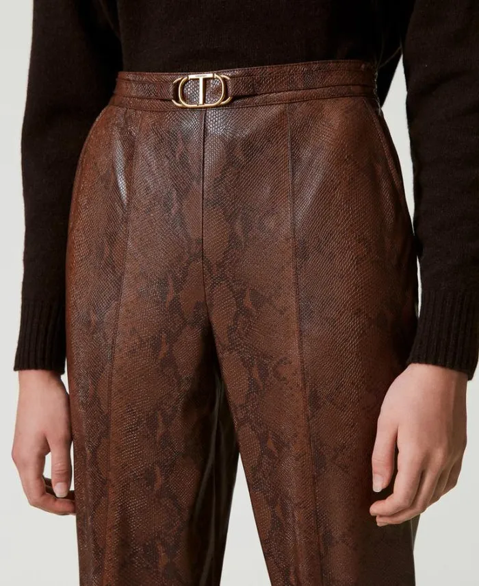 Twinset Straight Leg And Cigarette Trousers Lizard Leather Effect Cigarette Trousers Coffee Black Lizard Print 8211 Clothing