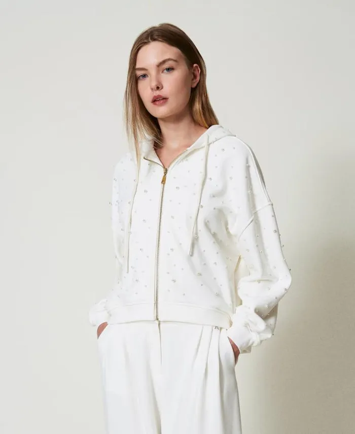 Twinset Sweatshirts Asymmetric Hoodie With Pearls Antique White 8211 Clothing