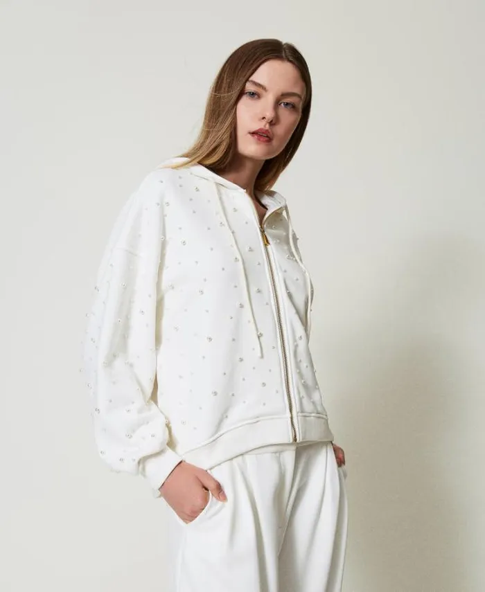 Twinset Sweatshirts Asymmetric Hoodie With Pearls Antique White 8211 Clothing
