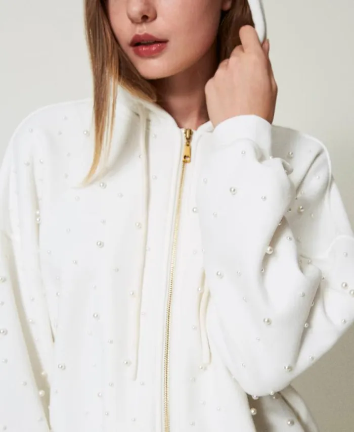 Twinset Sweatshirts Asymmetric Hoodie With Pearls Antique White 8211 Clothing