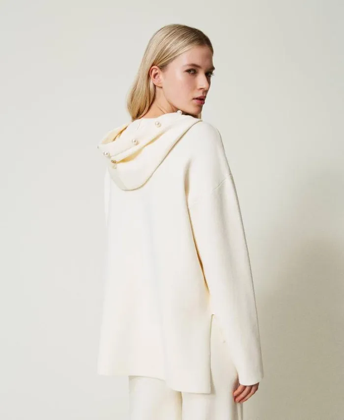 Twinset Sweatshirts Hooded Jumper With Pearls Antique White 8211 Clothing