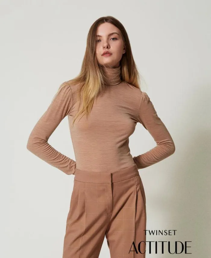 Twinset TShirts And Tops Slim Fit Turtleneck Tshirt Beaver Brown 8211 Clothing