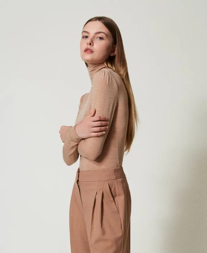 Twinset TShirts And Tops Slim Fit Turtleneck Tshirt Beaver Brown 8211 Clothing