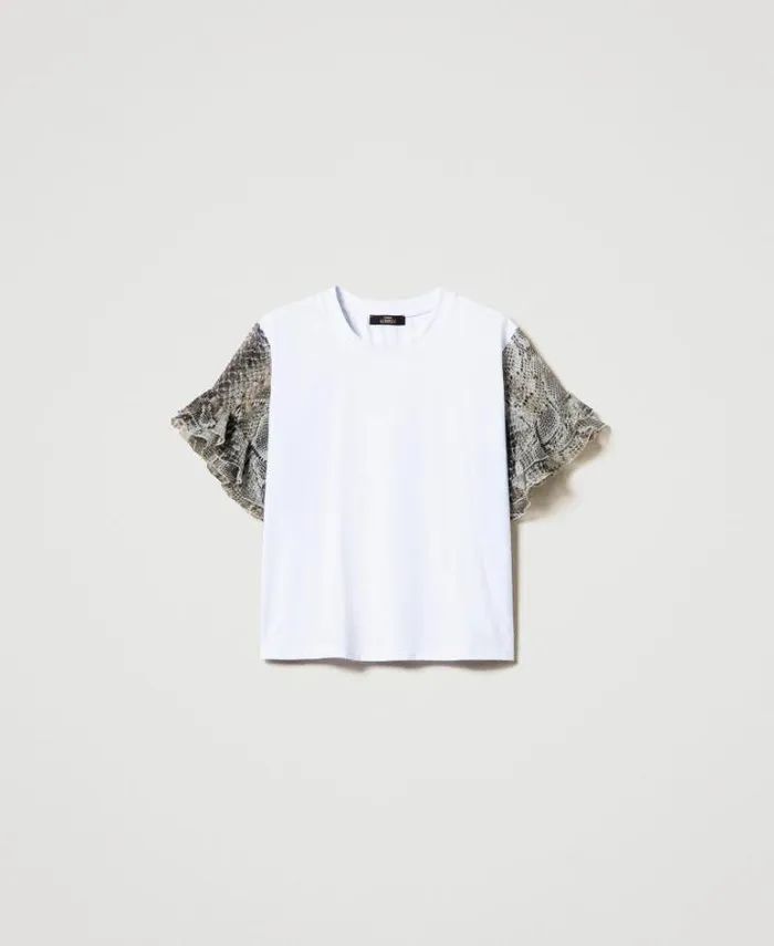 Twinset TShirts And Tops Tshirt With Snake Print Sleeves Twotone Papers White Soft Snake Print 8211 Clothing