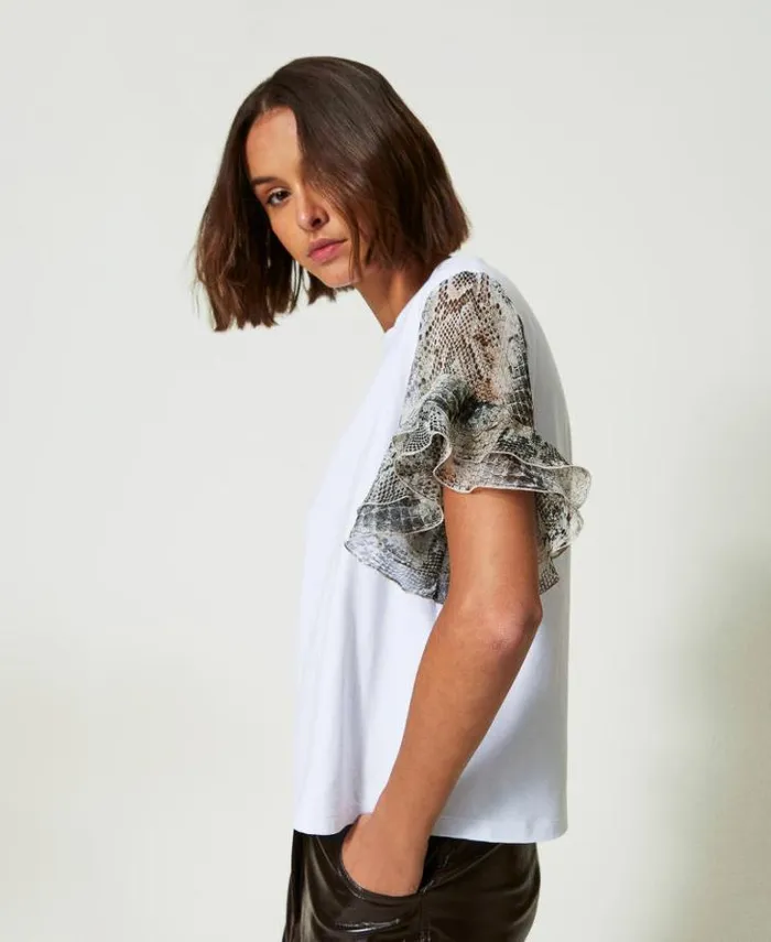 Twinset TShirts And Tops Tshirt With Snake Print Sleeves Twotone Papers White Soft Snake Print 8211 Clothing