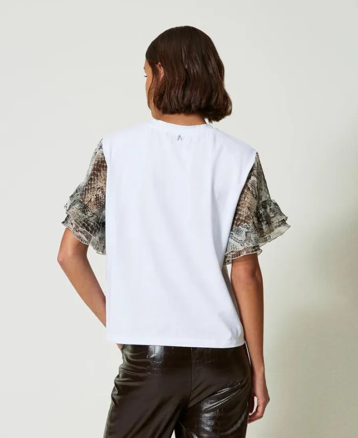 Twinset TShirts And Tops Tshirt With Snake Print Sleeves Twotone Papers White Soft Snake Print 8211 Clothing