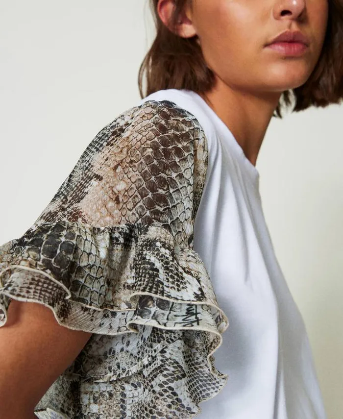 Twinset TShirts And Tops Tshirt With Snake Print Sleeves Twotone Papers White Soft Snake Print 8211 Clothing