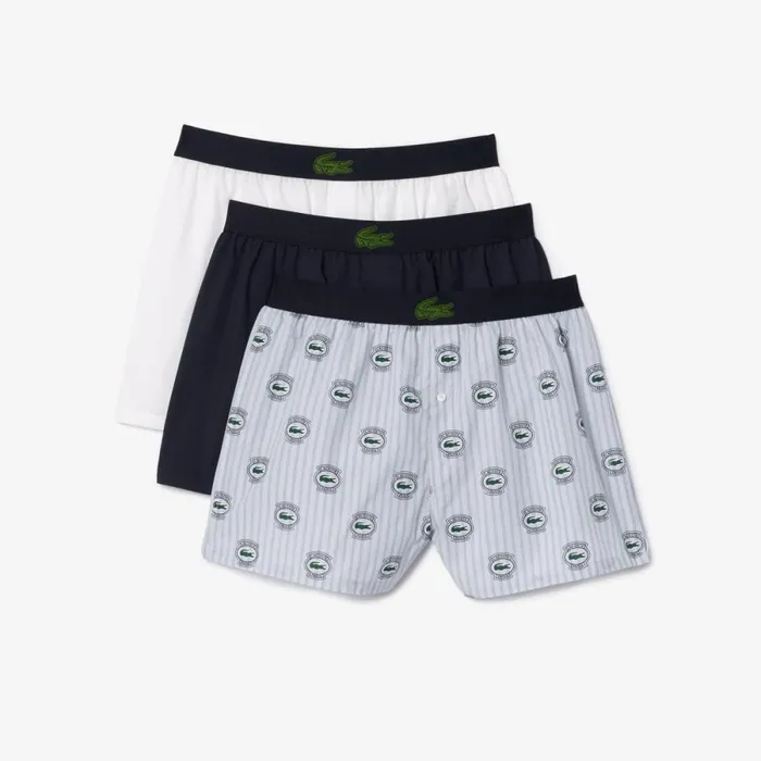 Underwear and Socks Men Lacoste Men039s 3Pack Cotton Poplin Boxers Light Blue White Navy Blue Inx