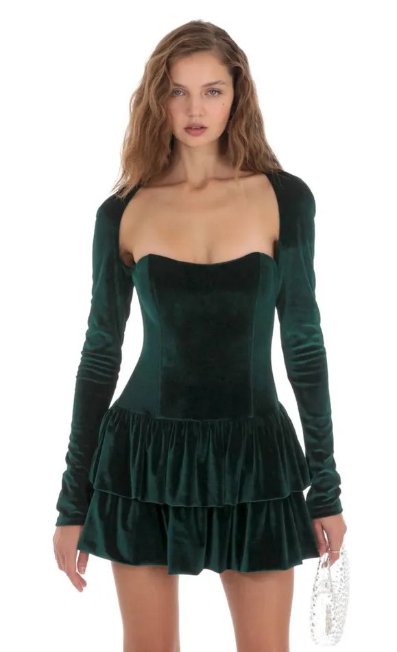 Velvet Corset Long Sleeve Dress Green Women LUCY IN THE SKY Mini Dresses
