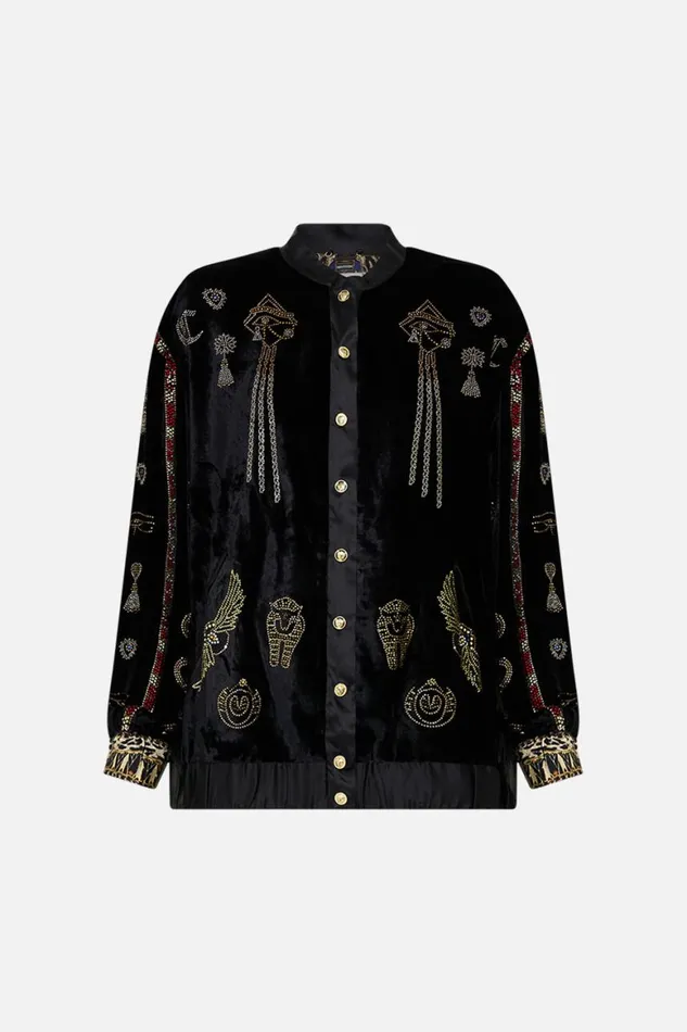 VELVET LONGLINE VARSITY JACKET CAT WORSHIP Cat Worship Womens Camilla Jackets