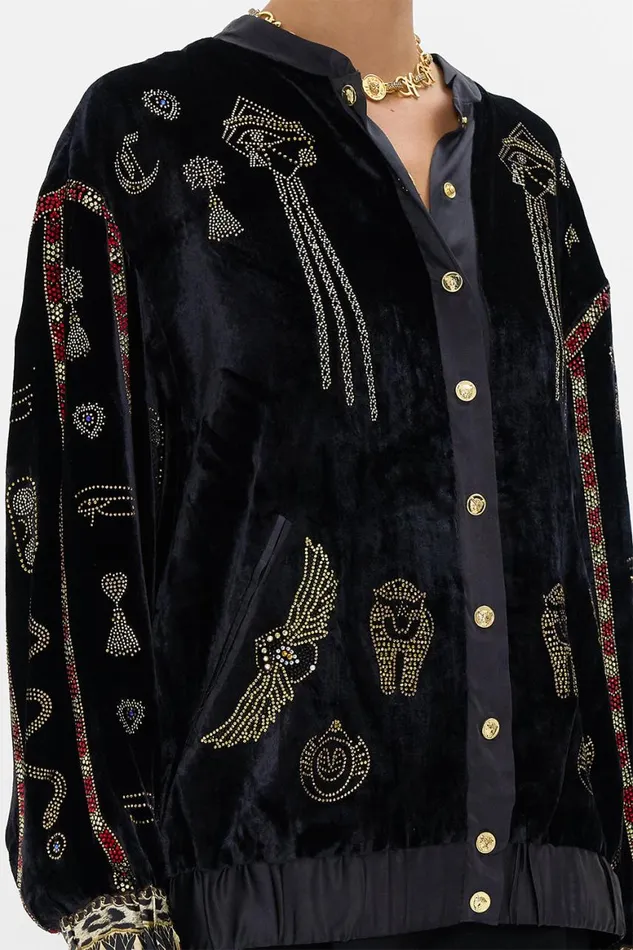 VELVET LONGLINE VARSITY JACKET CAT WORSHIP Cat Worship Womens Camilla Jackets