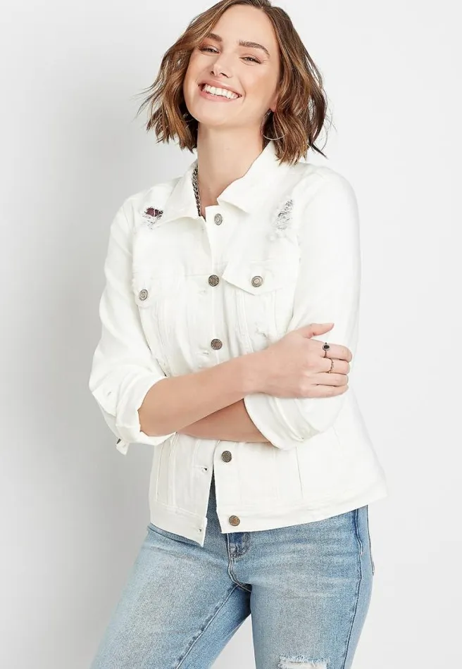 Vintage Off White Ripped Denim Jacket Women Maurices Tops