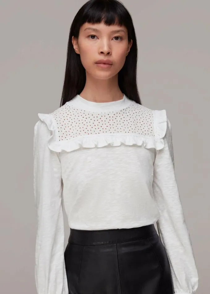 Whistles Broderie Yoke Frill Detail Top White Women Tops
