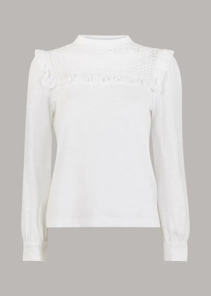 Whistles Broderie Yoke Frill Detail Top White Women Tops