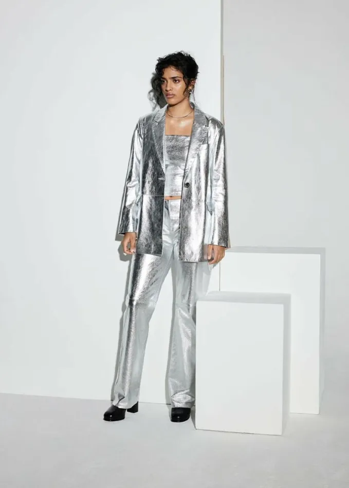 Whistles Cosmo Leather Blazer Silver Women Coats and Jackets