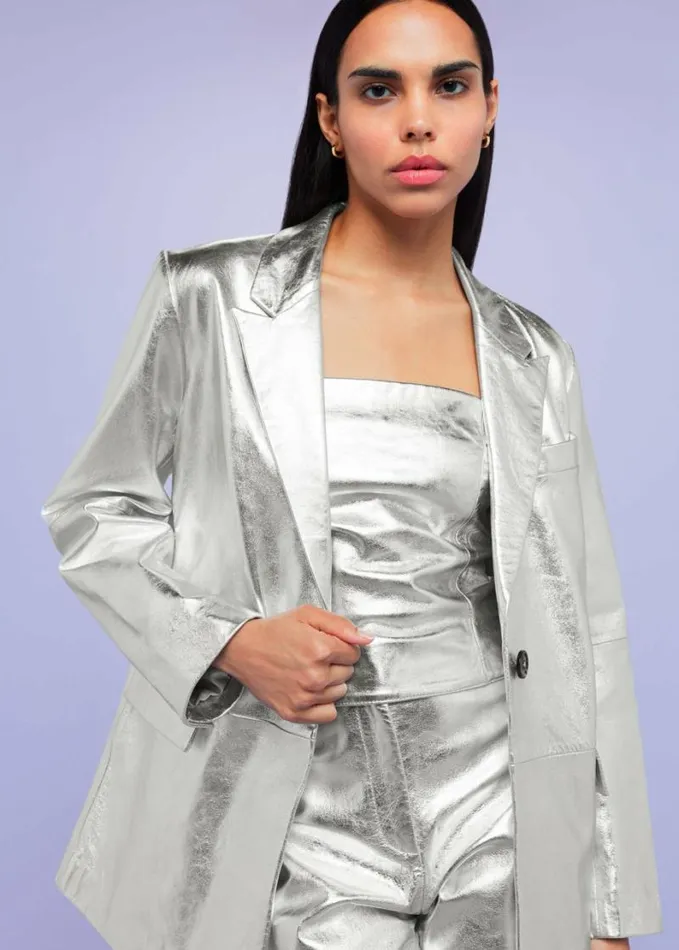 Whistles Cosmo Leather Blazer Silver Women Coats and Jackets