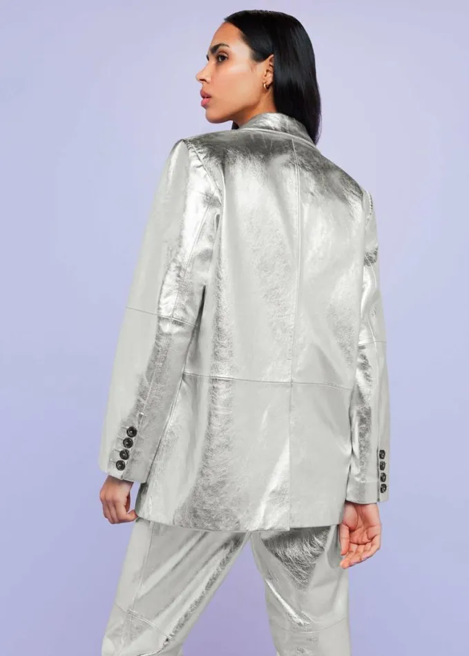 Whistles Cosmo Leather Blazer Silver Women Coats and Jackets