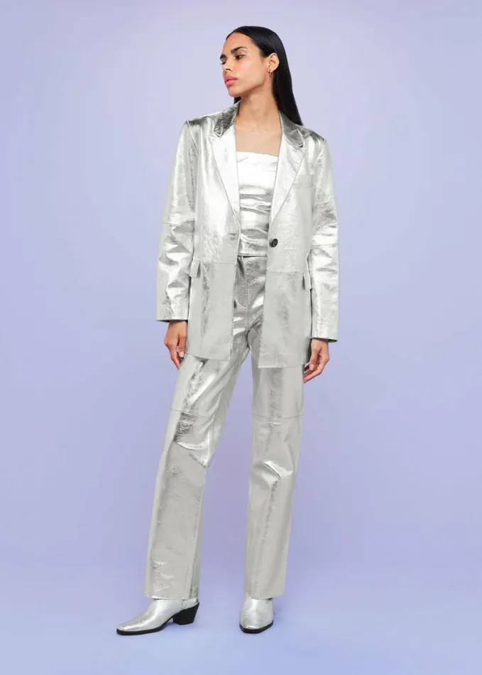 Whistles Cosmo Leather Blazer Silver Women Coats and Jackets