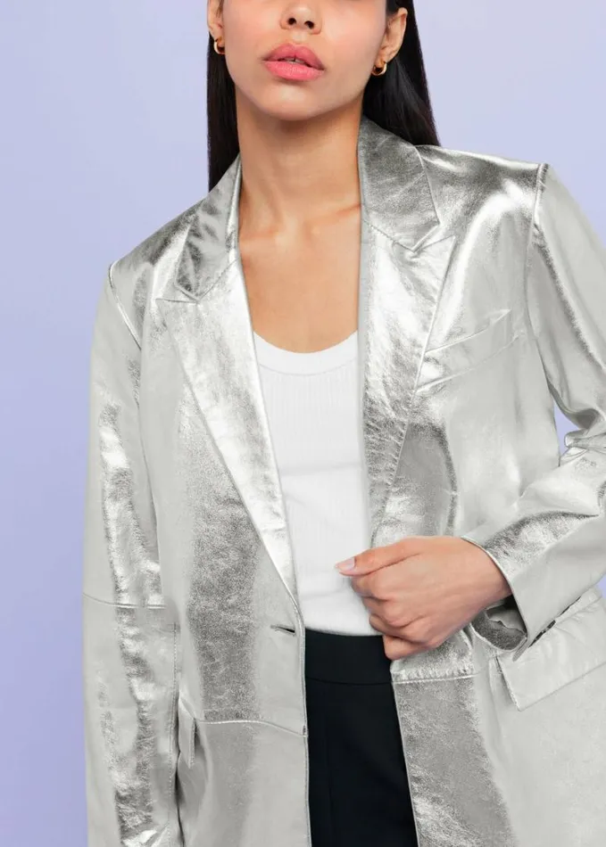 Whistles Cosmo Leather Blazer Silver Women Coats and Jackets