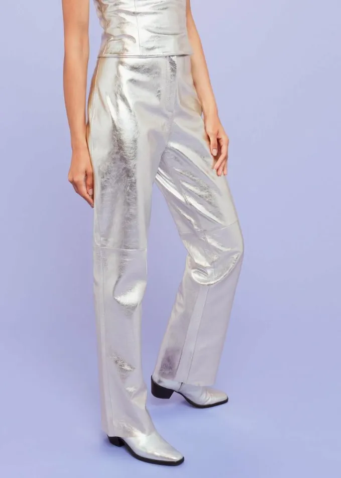 Whistles Cosmo Leather Trouser Silver Women Pants