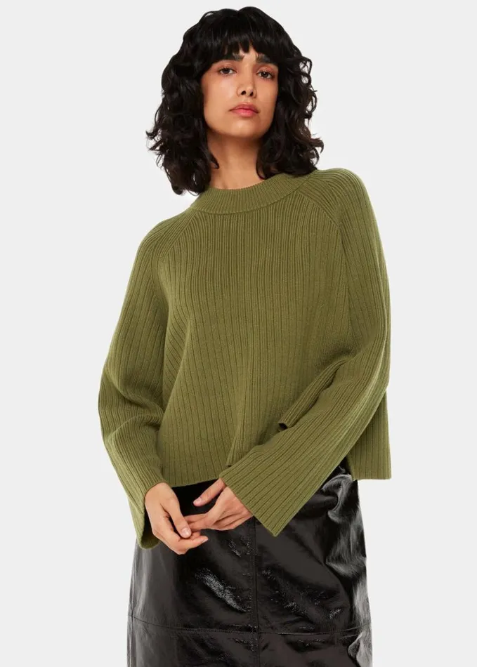 Whistles Cotton Rib Crew Neck Knit Khaki Women Sweaters and Cashmere