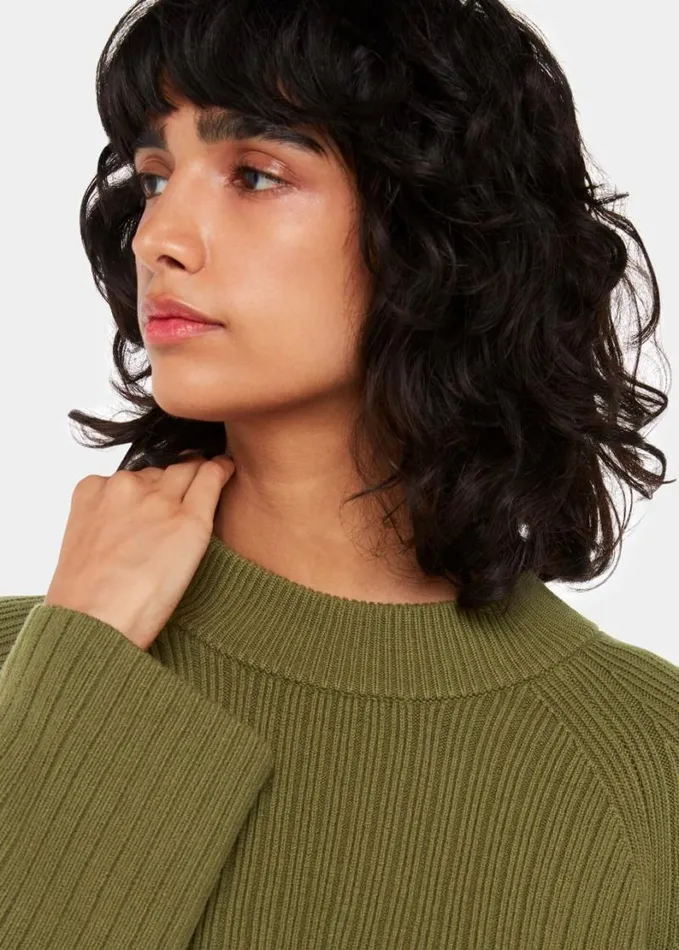 Whistles Cotton Rib Crew Neck Knit Khaki Women Sweaters and Cashmere