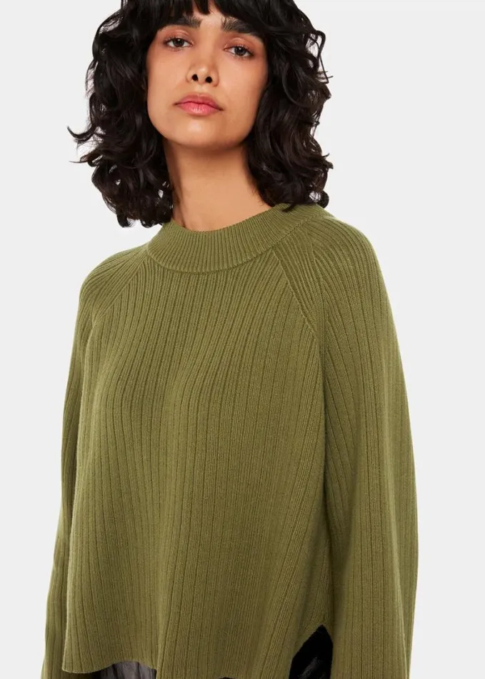 Whistles Cotton Rib Crew Neck Knit Khaki Women Sweaters and Cashmere