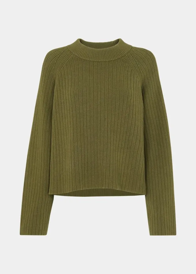 Whistles Cotton Rib Crew Neck Knit Khaki Women Sweaters and Cashmere
