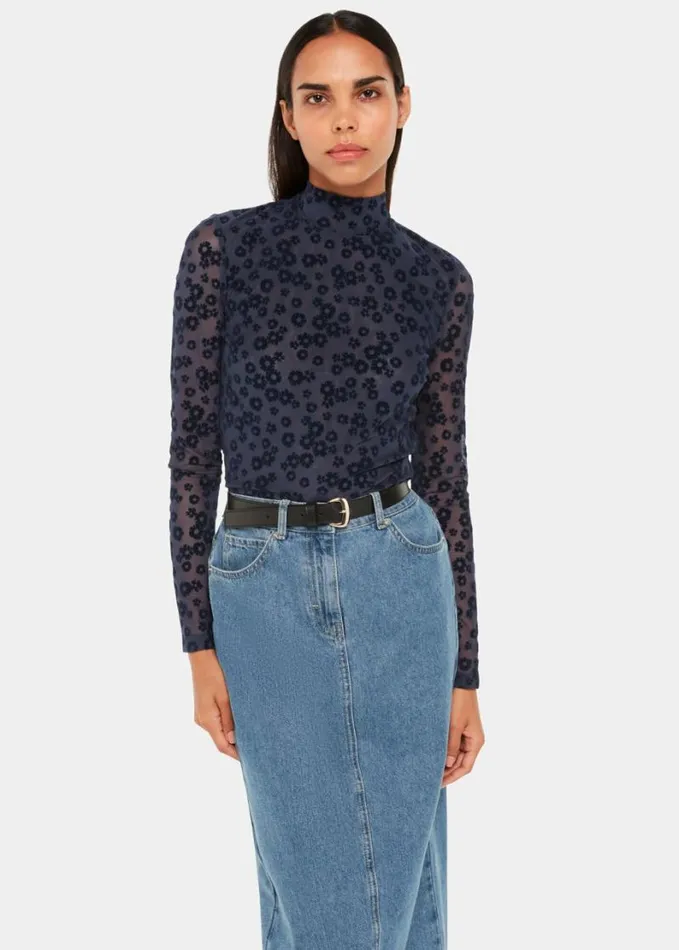 Whistles Flower Crew Neck Mesh Top Navy Women Tops