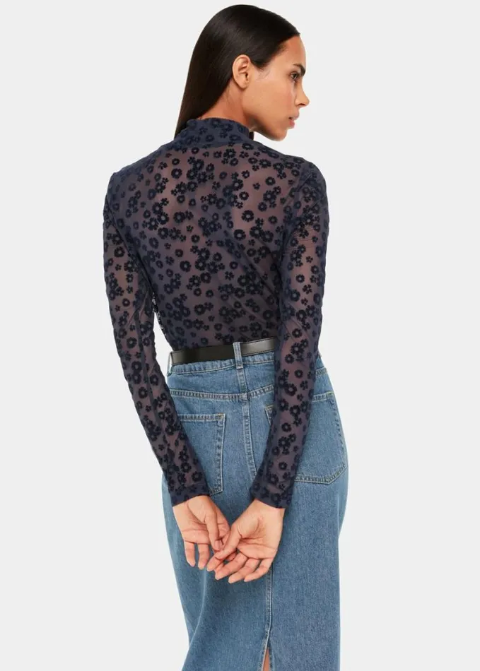 Whistles Flower Crew Neck Mesh Top Navy Women Tops